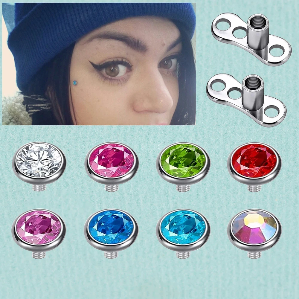 Dreamlee CZ Gem Surgical Steel Dermal Crystal Top Piercing Surface 1.6mm 14G 3 4 5 7mm Choose Jewel Color 1Pc