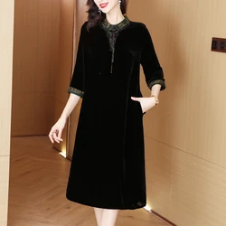 2023 New Fashion Silk Velvet Dress Women's Autumn Vintage Embroidery Knee Length Dress Korean Black Loose Fit Party Vestidos