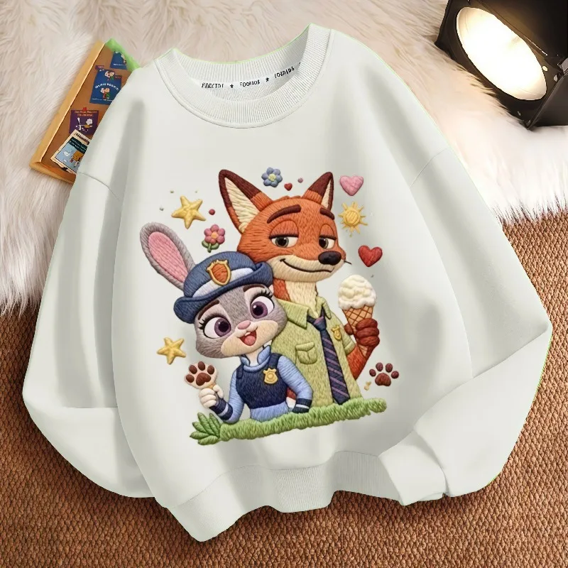 

Kids Imitation Embroidery Sweatshirt Cartoon Zootopia Style Thickened Crewneck Pullover for Boys Girls Spring Autumn Winter