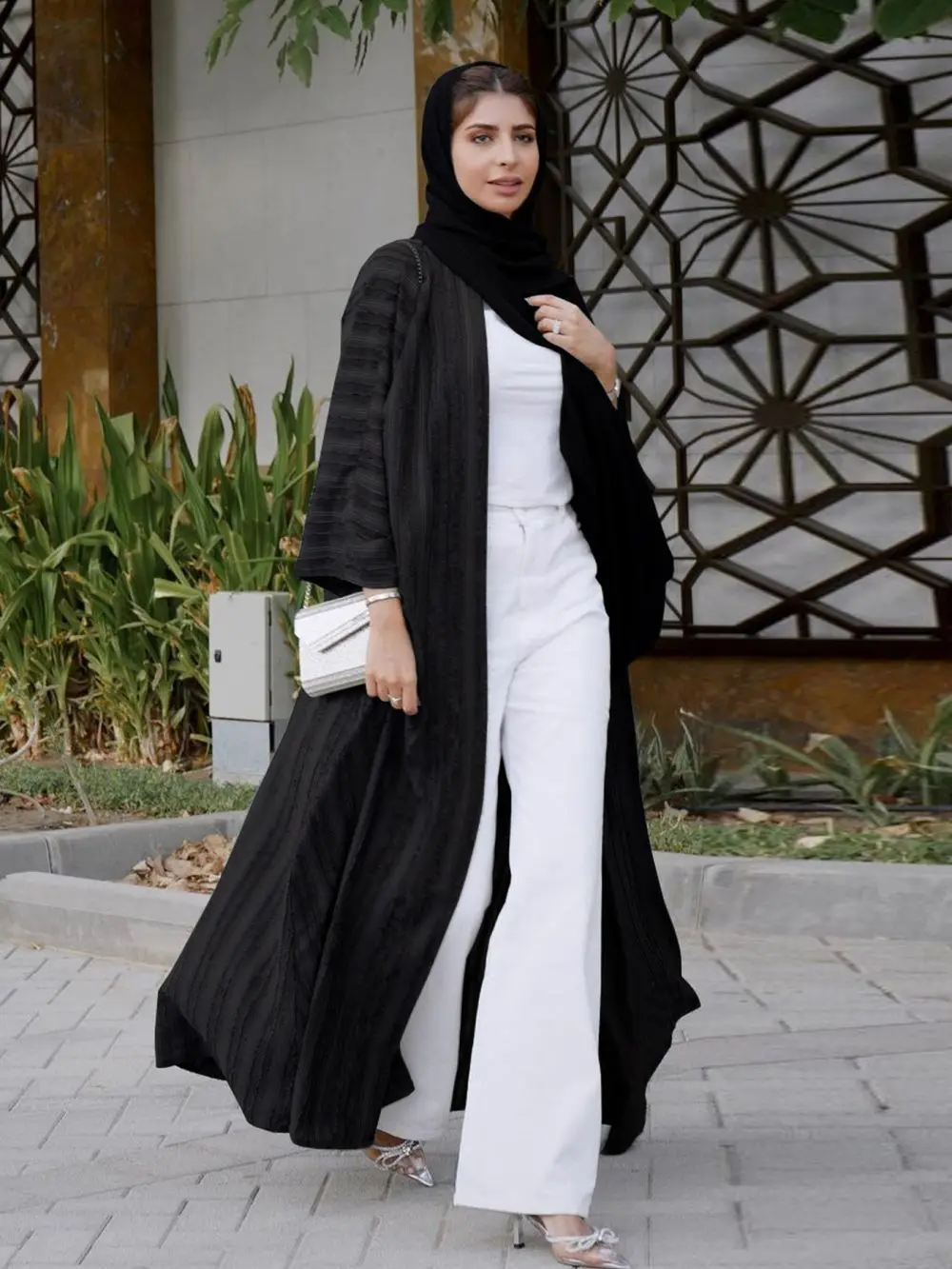 Muslim Open Kimono Abaya Striped Retro Ethnic Cardigan Robe Dubai Middle Eastern Saudi Arabia Eid Clothes Black