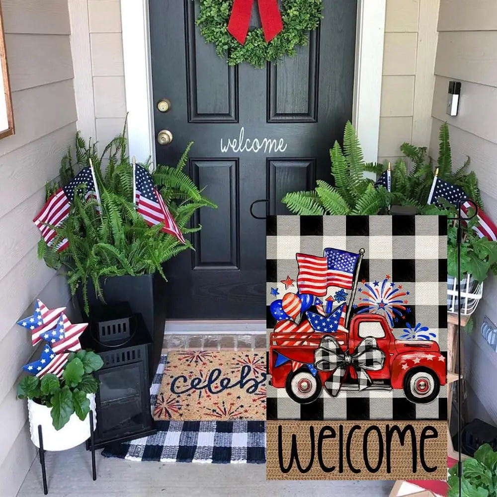 CROWNED BEAUTY 4th of July Patriotic Truck Garden Flag 12x18 Inch Double Sided for Outside Small Burlap Independence Day Buffalo