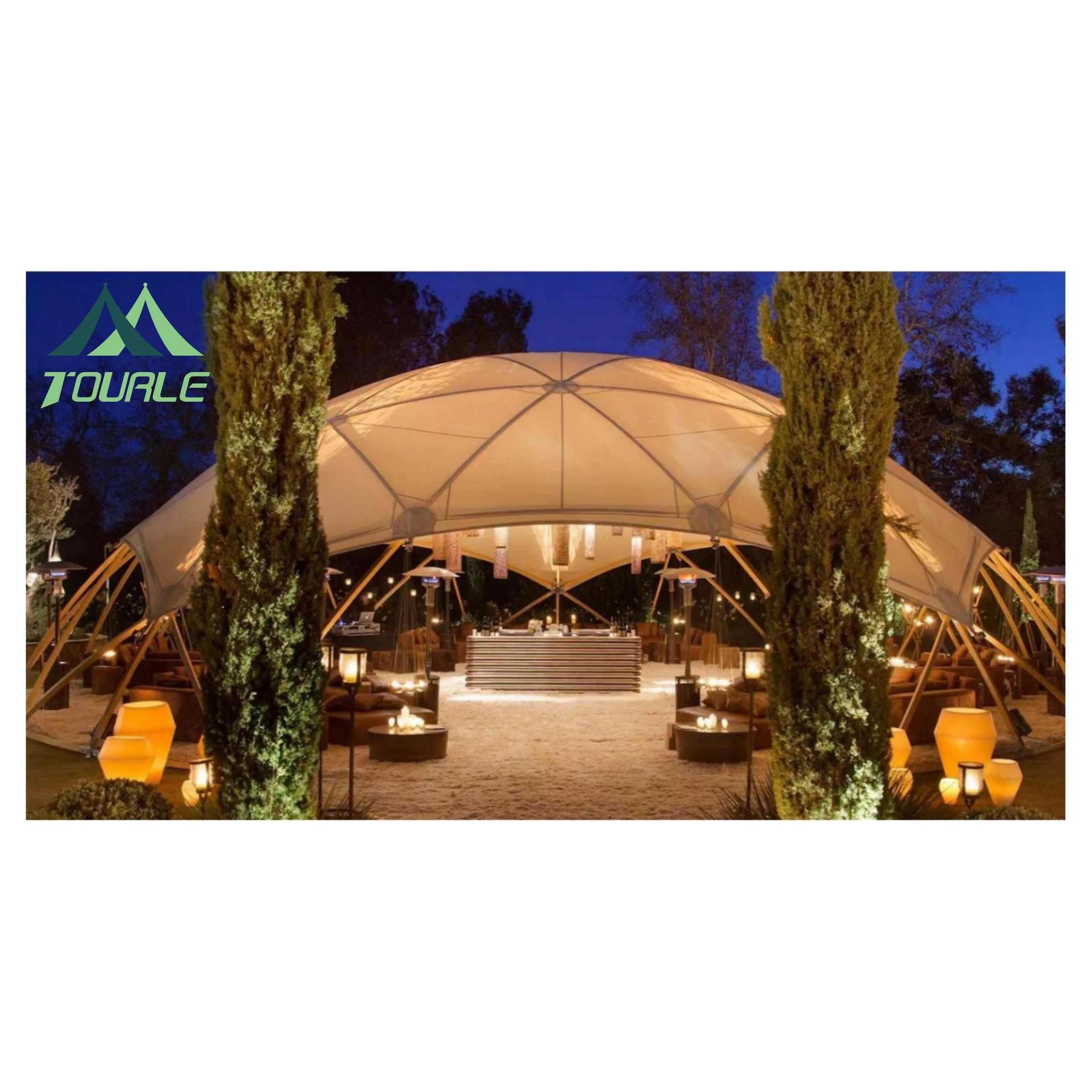 

Геодезический купол диаметром 12 м для глэмпинга, уличный ресторан, обеденная комната с деревянным каркасом