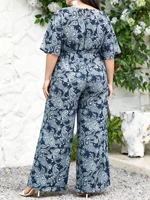 Plus Size Women's Multi-Color Paisley Print Square Neck Tie Waist Wide Leg Jumpsuit - Image 5