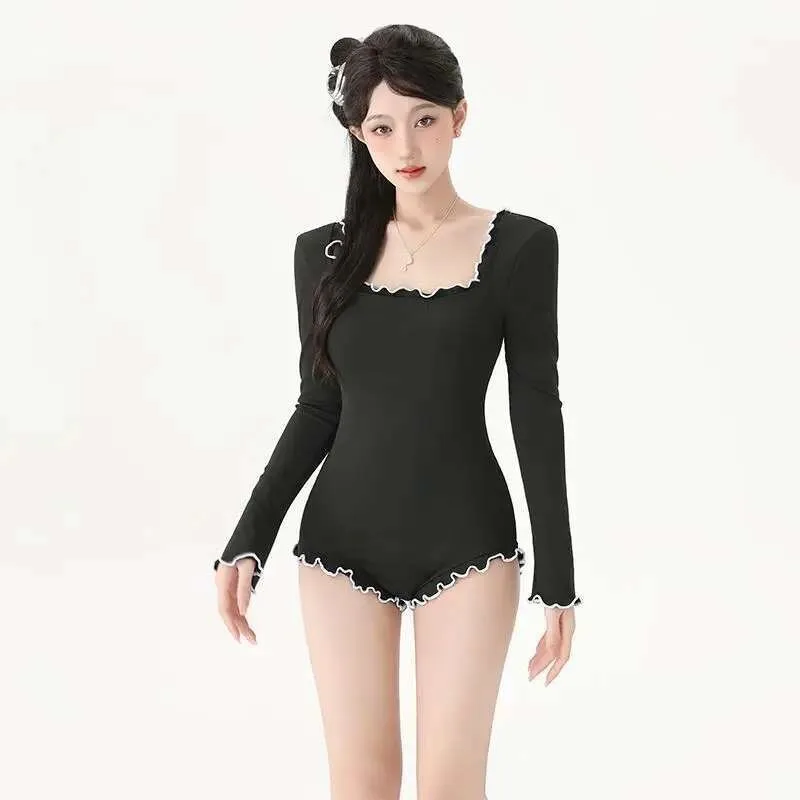 

Women Breathable Swimsuit Square Neck OnePiece Shapewear Thin Design Long Sleeved Black fashion Ruffled Jumpsuit
