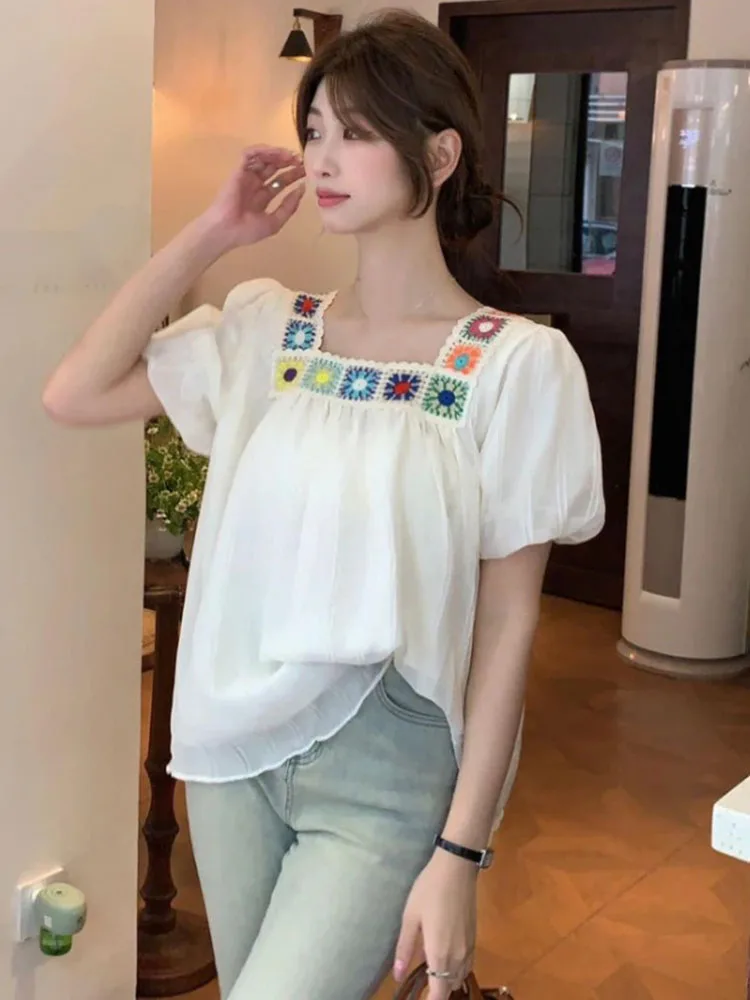 

Women's French Inspired Square Neck Short Sleeve Blouse Summer Tummy Control Top Unique Design Slimming Casual Shirt