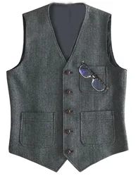 Herringbone Men's Vests Men Business Suit Slim Fit Herringbone Tweed Wedding Sleeveless Waistcoat Men Vest Chalecos Para Hombre