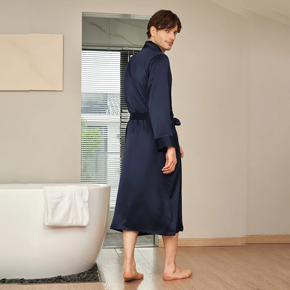 LILYSILK Men's Lapel Collar Long Silk Robe Luxury and Comfortable Sleepwear with Handy Pockets and Matching Belt