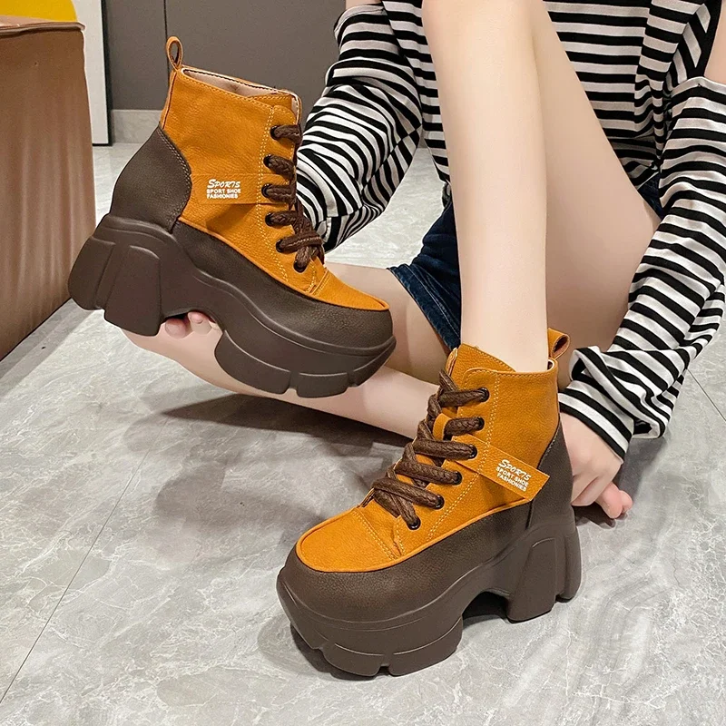 Botas curtas retrô de plataforma feminina, botas casuais com tudo que combina, top alto, novas, primavera e outono, 2022