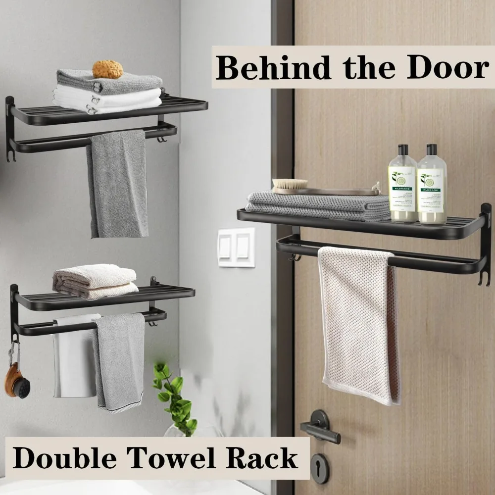 Bathroom Towel Rack with Double Bar and Foldable Shelf, Rust-Resistant Wall-Mounted Organizer