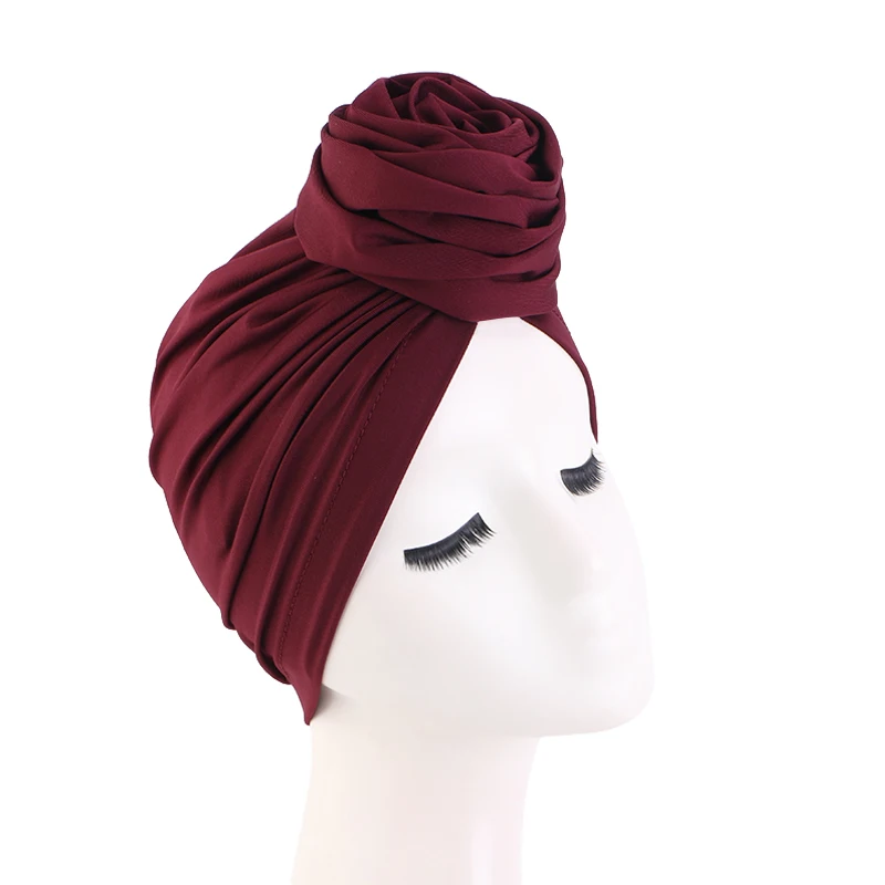 Woman Muslim Headscarf Cap Rose Knotted Head Wrap Headband Elegant Retro African Turban For Ladies Beanies Caps Headpiece