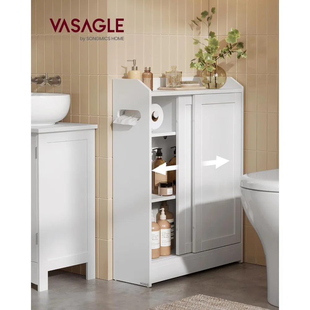 Bathroom Cabinet, Slim Bathroom Storage Cabinet, Toilet Paper Holder and Brush Compartment, Sliding Doors, Adjustable Shelves