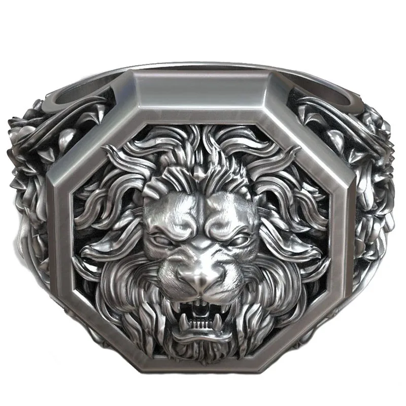 

21g 3D Lion Head Royal Baroque Pattern Signet Mens Ring 925 Solid Sterling Silver Ring