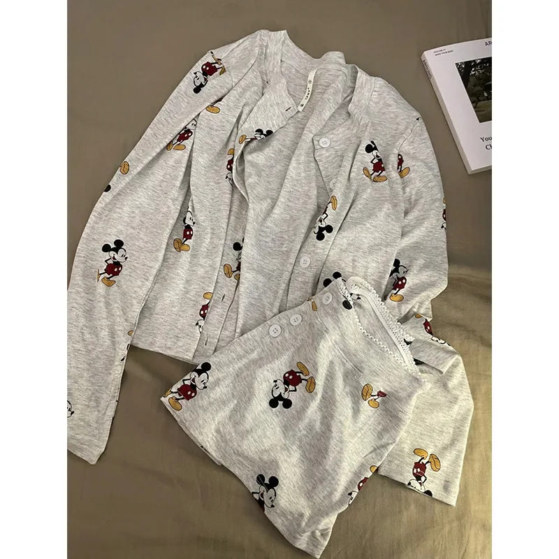 

Mickey Pajamas Set Women Disney Cute Mouse Sleepwear Summer Autumn Cartoon Home Clothes Cardigan Vest and Shorts Nightshirt Set