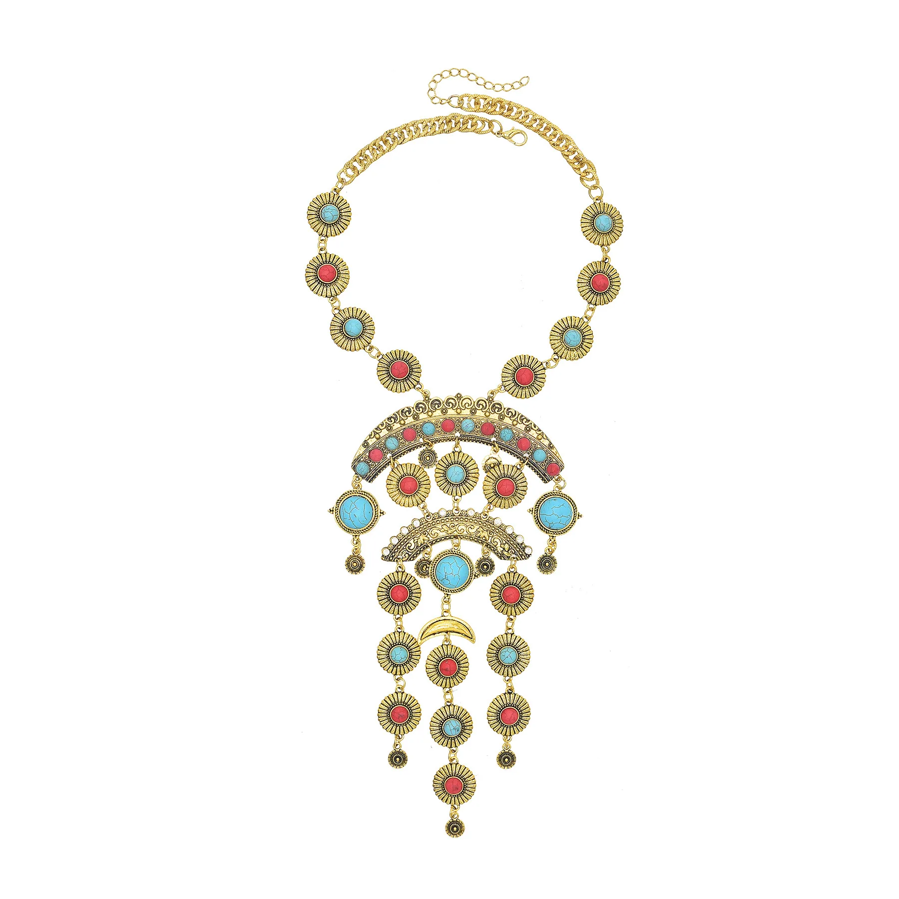 Vintage goldene silbrige Statement-Halskette für Frauen, bunte Strasssteine, lange Ketten, Halsketten, Gypsy, Boho, ethnischer Halsschmuck – Detail 40