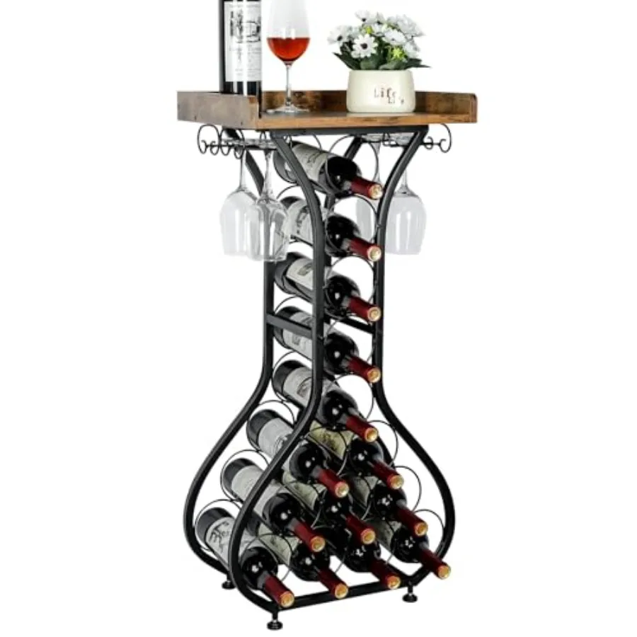 

Wine Rack Freestanding Floor Mini Bar Table Wine Holder Stand Liquor Cabinet with Glass Holder Wood Tabletop 14 Bottles Floor W