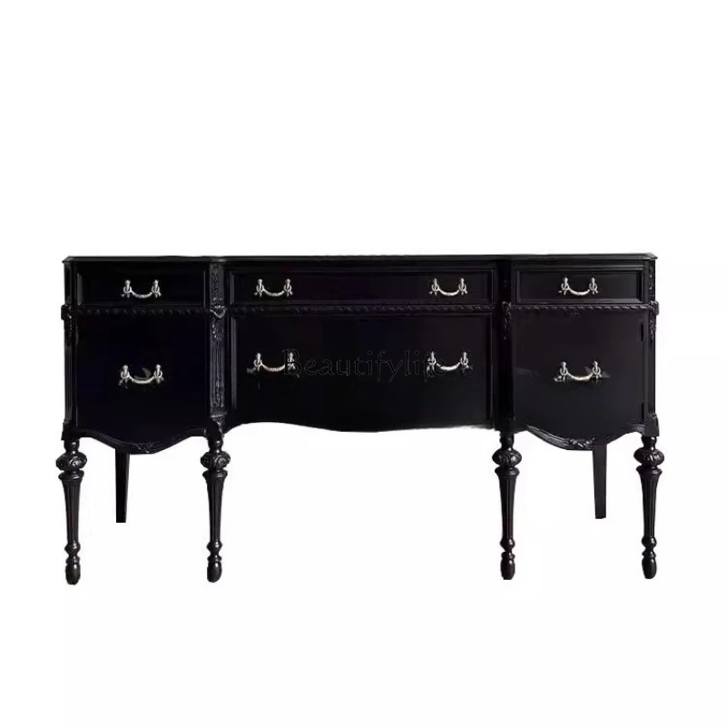 

French retro solid wood carving flower entrance cabinet, home antique style dining side black living room decorative cabinet
