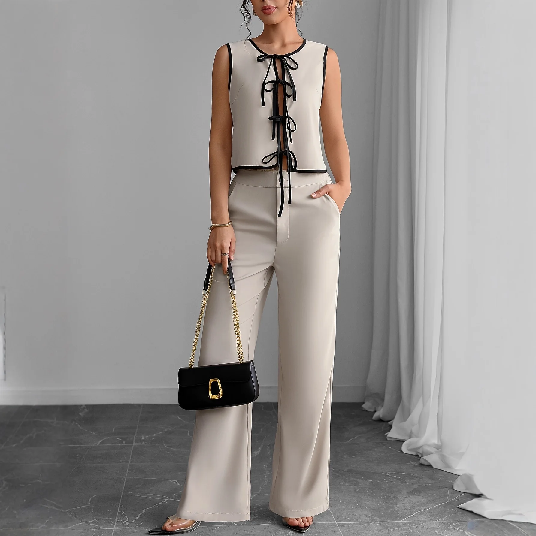Cross-Border European American Two-Piece Women's Set: Tie-Up Cardigan, Color-Blocked Bow Shirt, And Wide-Leg Pants