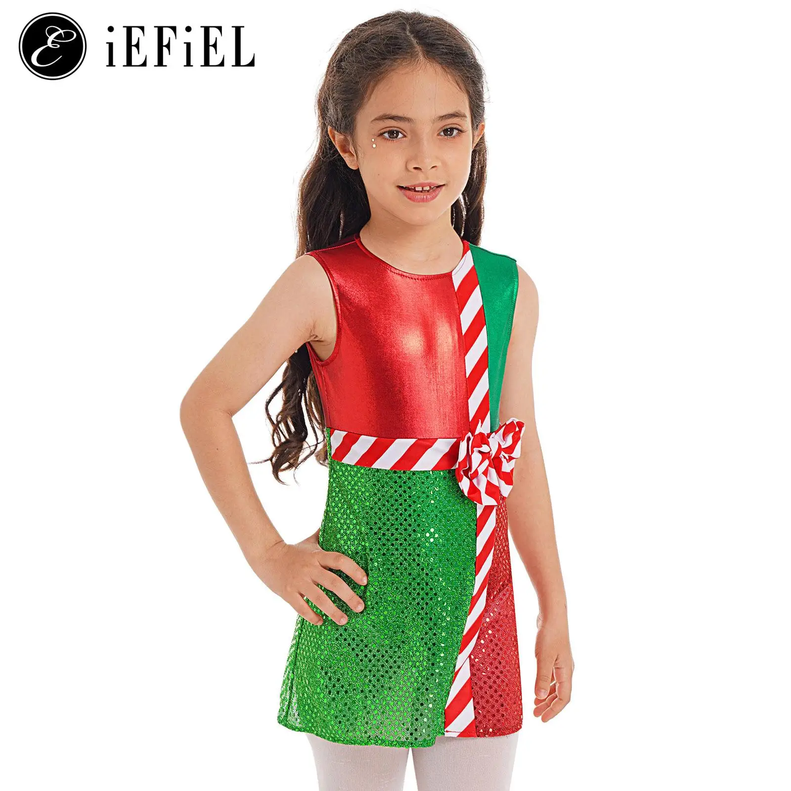 

Girls Sequin Christmas Elf Costume Sleeveless Ballet Dance Tutu Dress Skating Leotard Jumpsuit Xmas New Year Party Performance