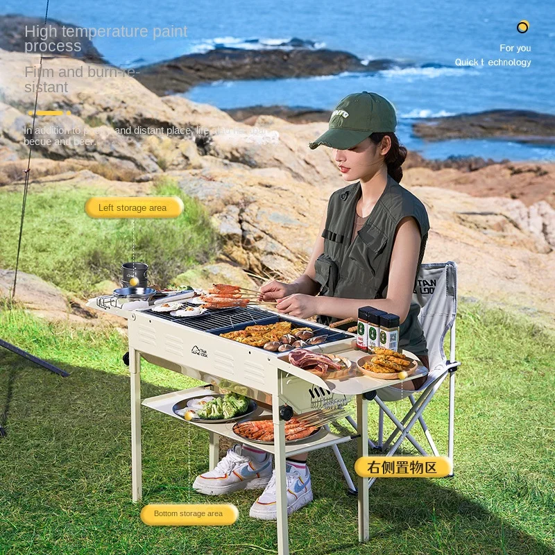 Exploring outdoor camping folding grill frying dual-purpose charcoal grill multi-purpose barbecue BBQ grill