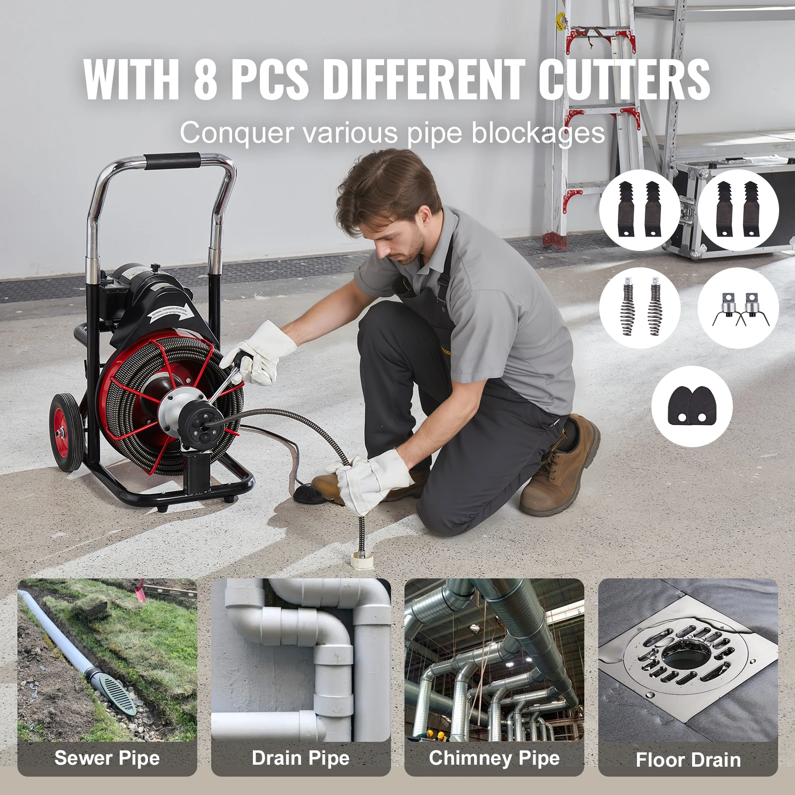 SucceBuy Drain Cleaner Machine 100FT Auto Feed Sewer Snake Auger with Wheels 550W/370W Portable Drain Cleaning Machine for Pipes
