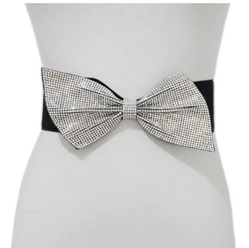 Urok Rhinestone Bow Decor Elastyczny pasek Elastyczny szeroki pas Perłowa osłona talii Damski ozdobny pasek do sukni Szeroka talia