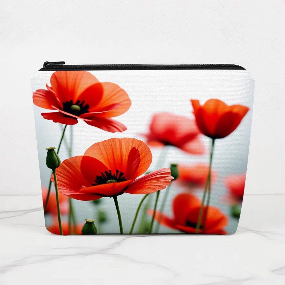 Red Poppies Floral Pattern Print Makeup Bags for Girls Cosmetic Pouch Toiletry Bag Pencil Case Travel Storage