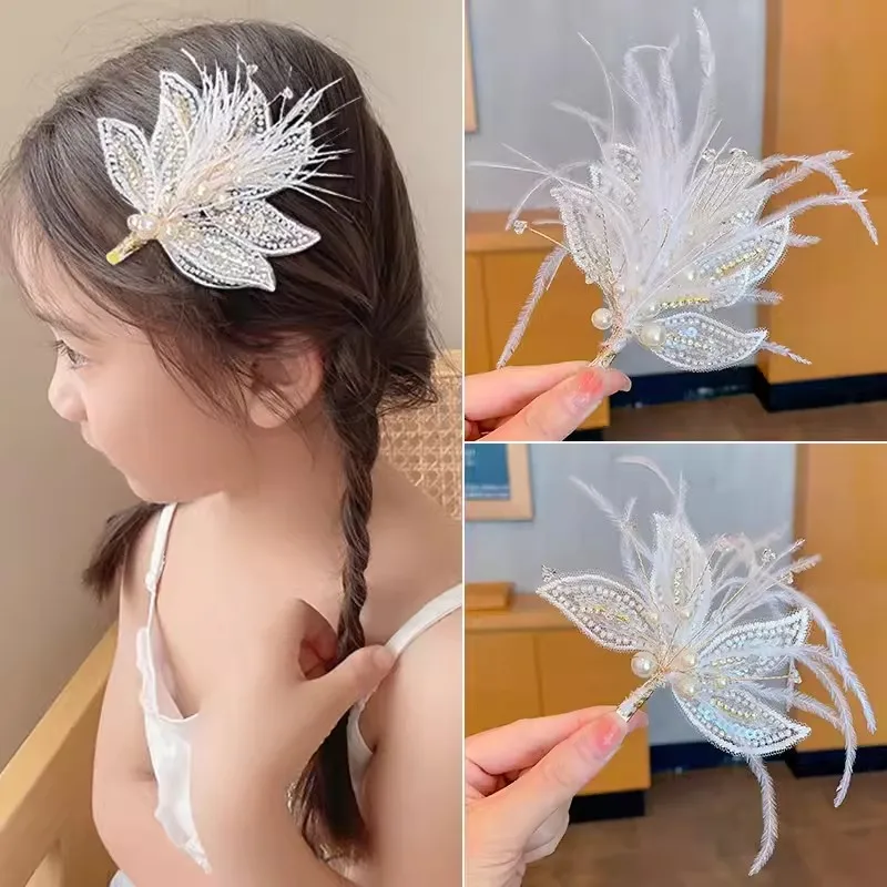 Hairpin Mesh Yarn Rice Bead Practical Hair Accessories New Diamond Feather Pearl Duck Beak Clip Set Fashion Side Clip