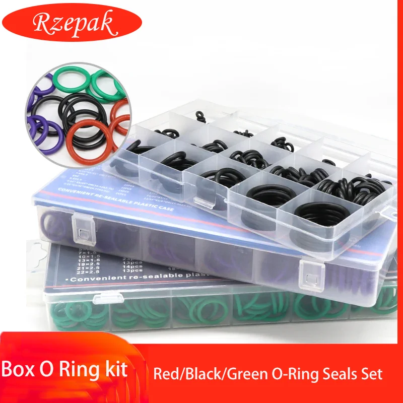 

Boxed VMQ NBR FKM O Ring Set Rubber Washer Seals Assortment Red/Black/Green O-Ring Seals Set High Quality For Car Gasket