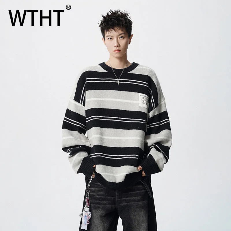 

WTHT модные осенние мужские полосатые контрастные цвета, свободные футболки 2021, модные топы с круглым воротником в американском стиле, мужские 2A2222