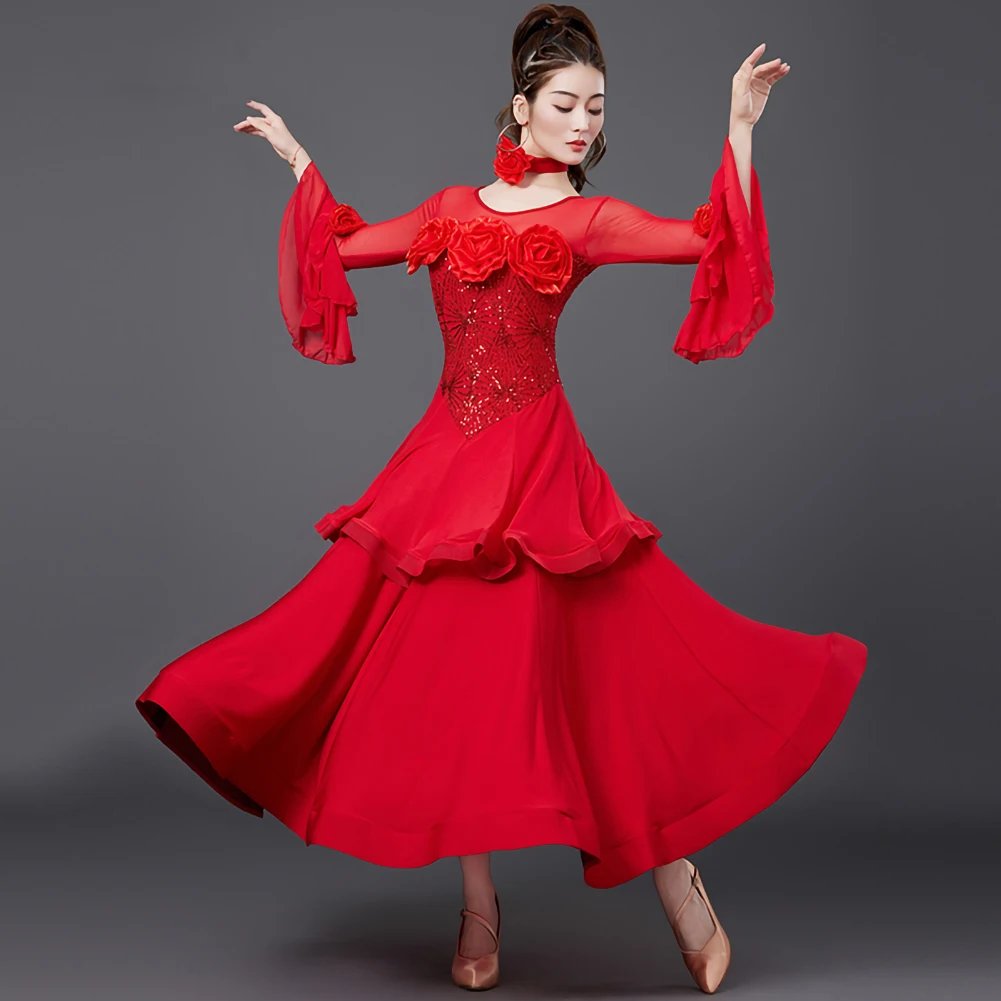フクシア標準ダンス衣装競技ホーンスリーブ高品質社交選手権ステージ衣装レッドワルツ