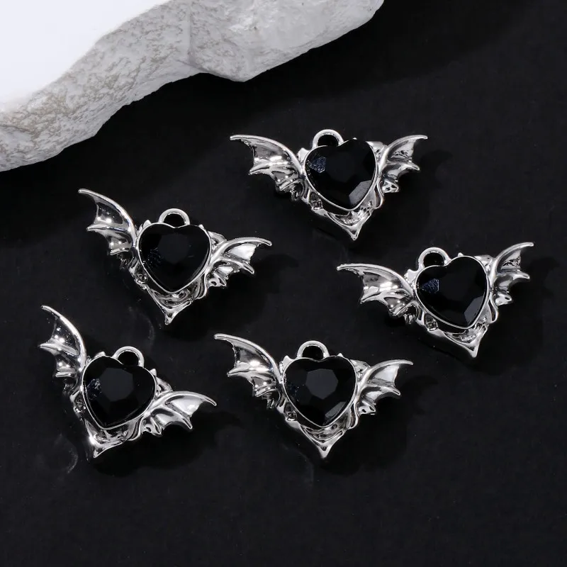 5pcs New Heart Wing Enamel Pendants Sweet Cool Style Dark Halloween Charms For Making Handmade DIY Jewelry Accessories