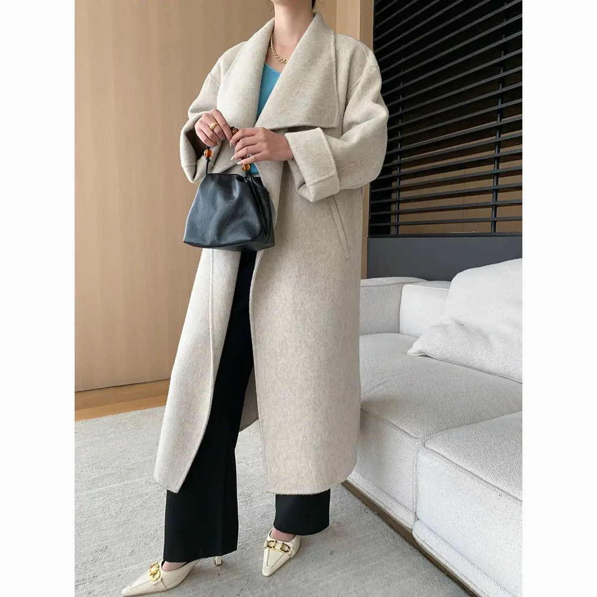 Big Collar Double-Sided Wool Coat For Women'S Autumn And Winter Fashion Temperament, Lace Up Woolen Thick Long Coat