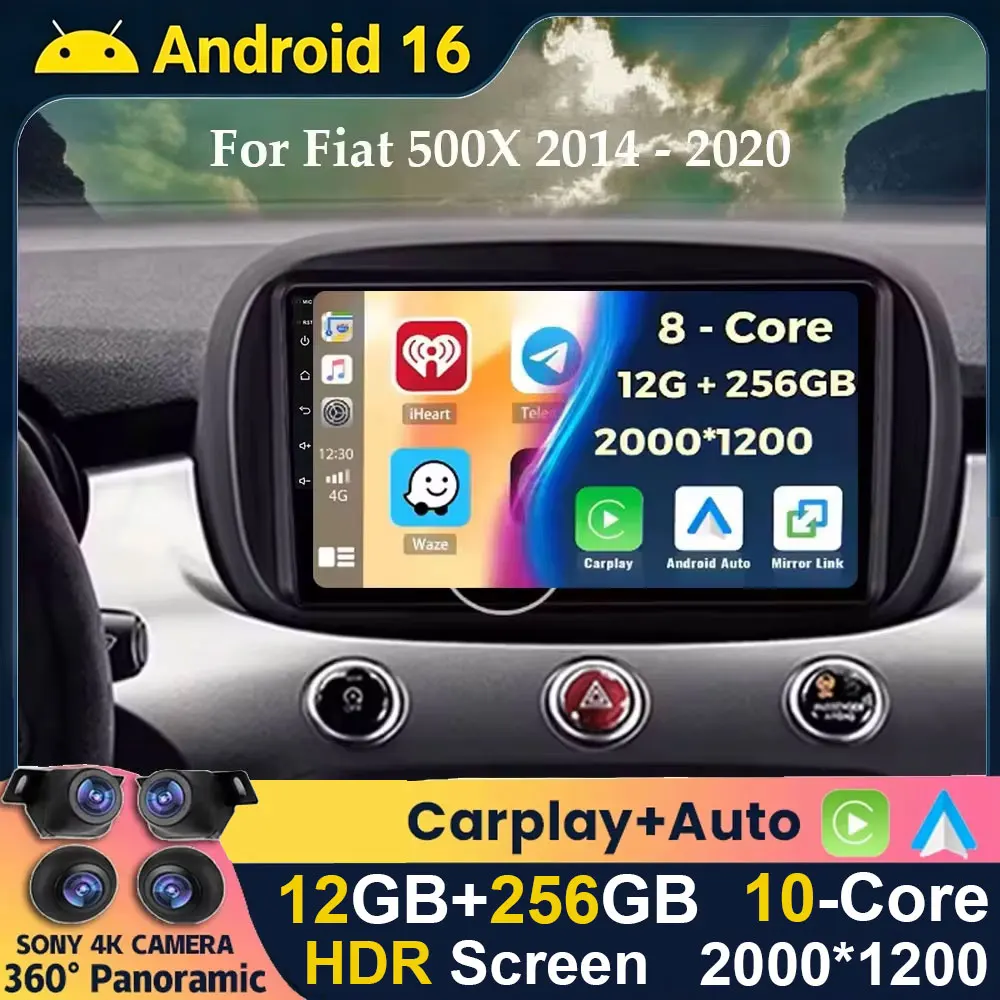Android 16 For Fiat 500X 2014-2020 2K QLED Stereo Car Radio Multimedia Video Player GPS AI Voice CarPlay Head Unit Navigation 4G