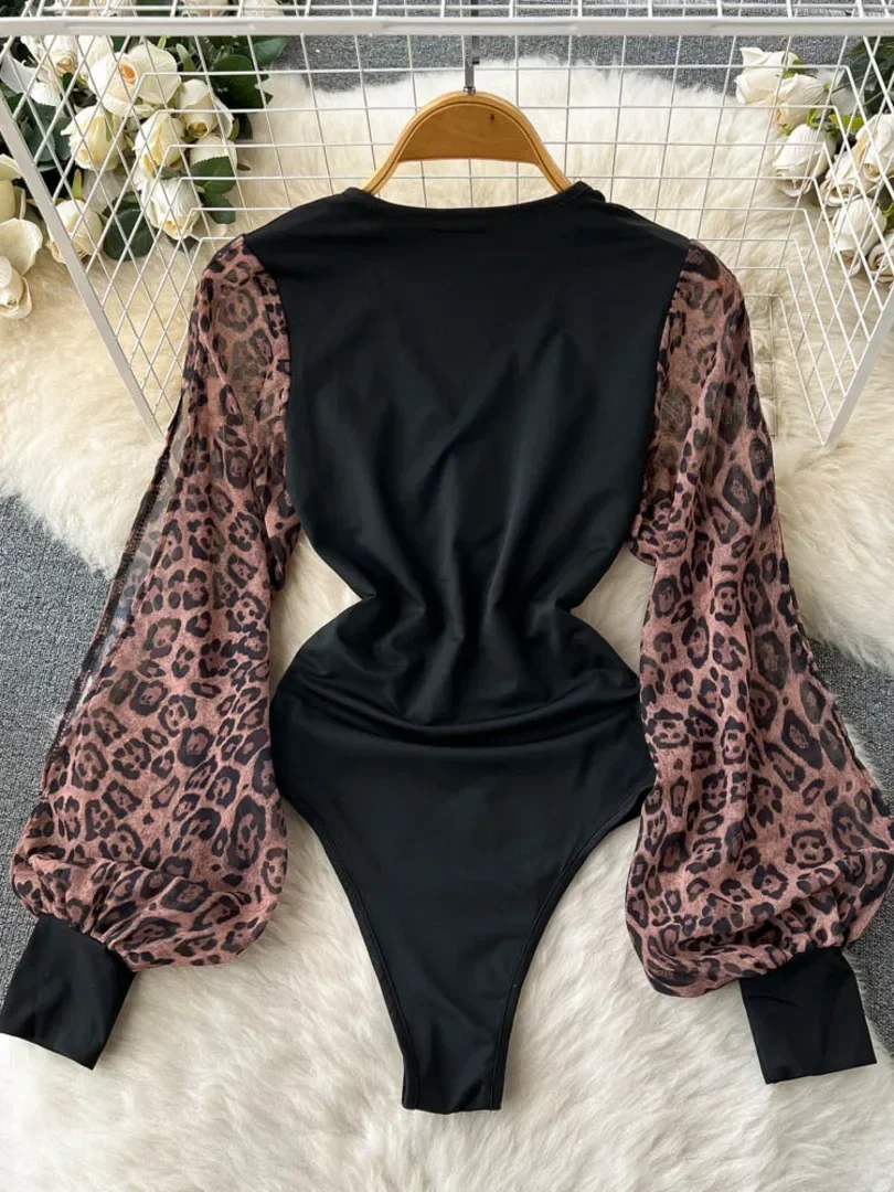 Foamlina Fashion Women's Bodysuits 2023 New Autumn Leopard Print Long Sleeve V-neck Slim Fit Body Tops Casual Female Streetwear