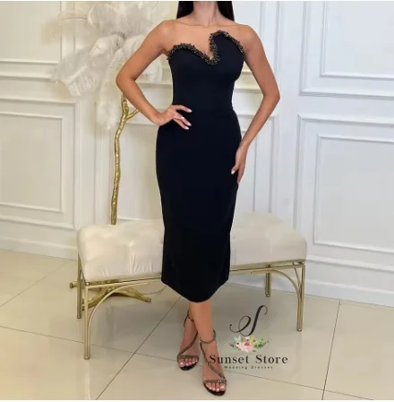 Customized Tea Length Strapless Jersey Sleeveless Beading Evening Dress Bespoke Occasion Gowns Photo Color Fashion and Classic