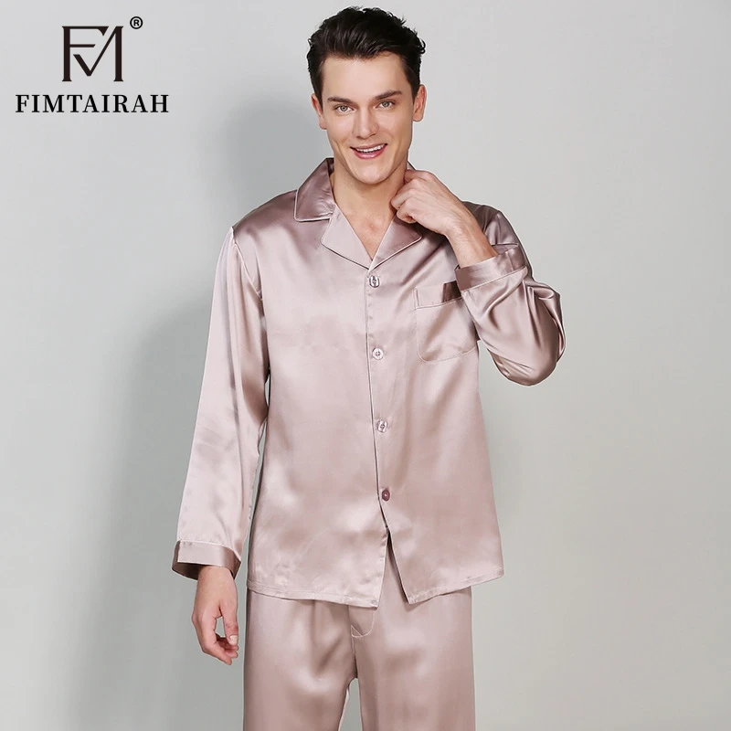 Fimtairah Real 19MM Silk Pijimas Thicken 100% Silk Pajamas Men's Long Sleeve Home Wear Two Sets Sleepwear