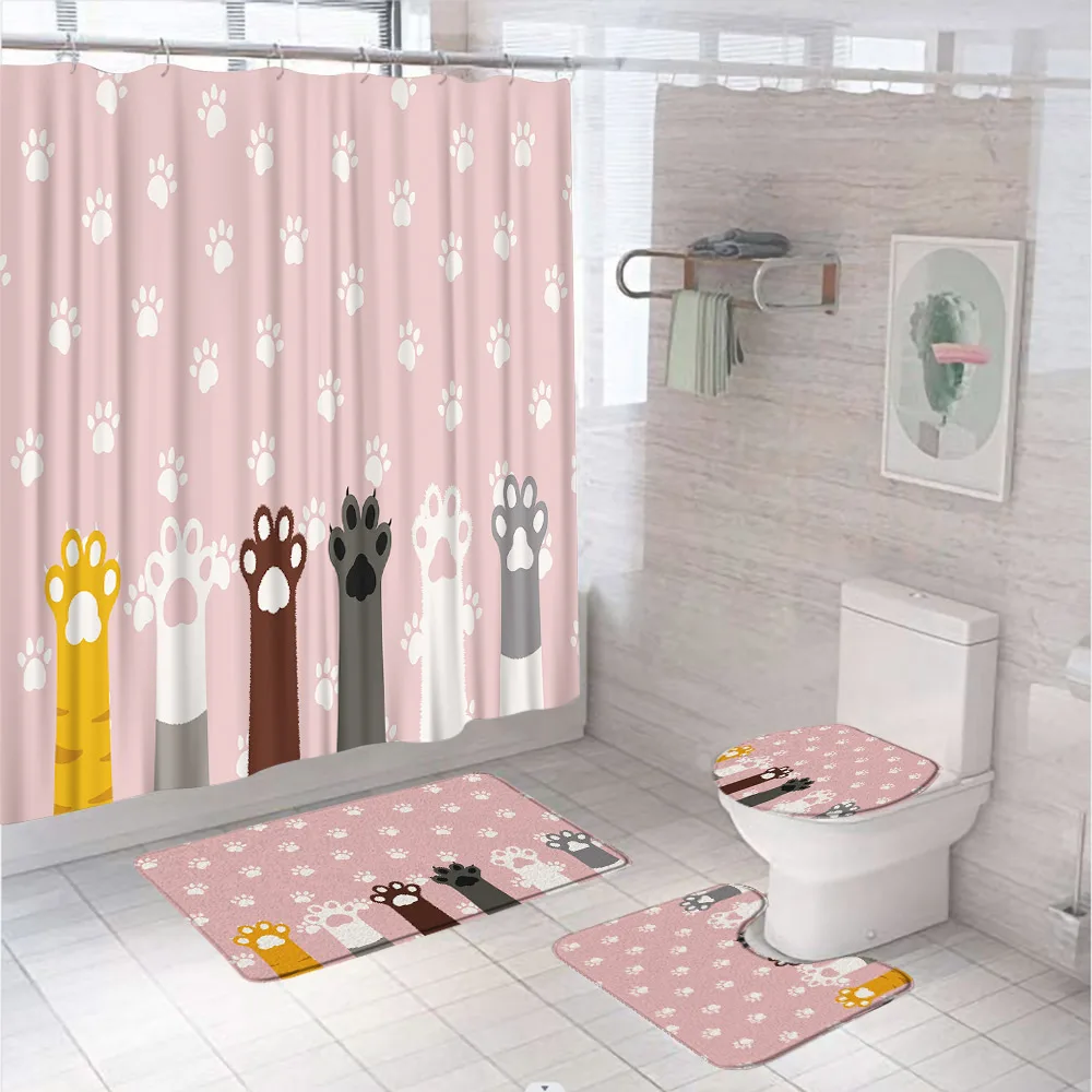 

Cartoon Bear Claws Shower Curtain Set Dinosaur Animal Footprints Fabric Kid Bathroom Curtains Non-Slip Bath Mat Rug Toilet Cover