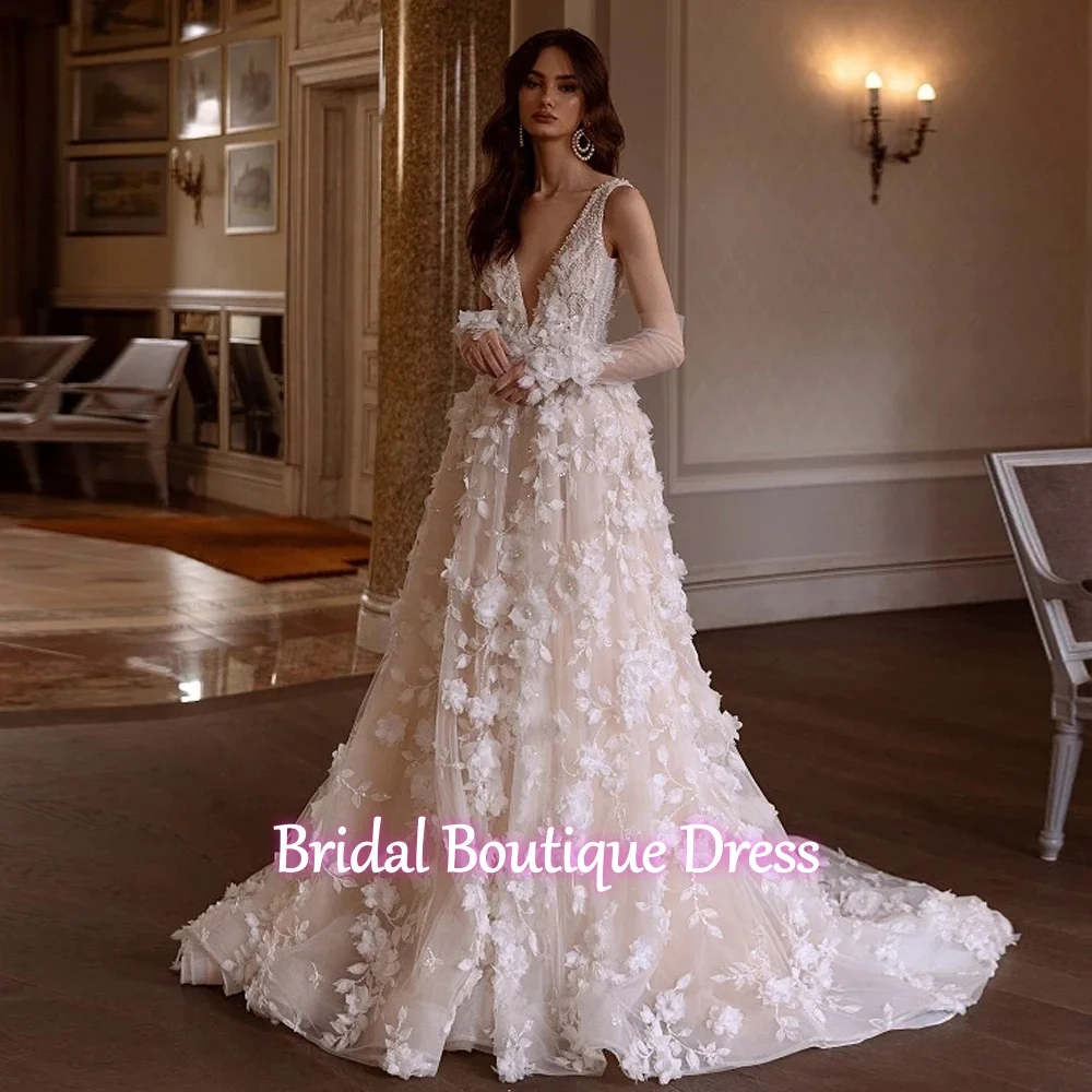 

Гламурные свадебные платья А-силуэта с V-образным вырезом, без рукавов, с аппликациями и 3D цветами, сексуальное свадебное платье на заказ