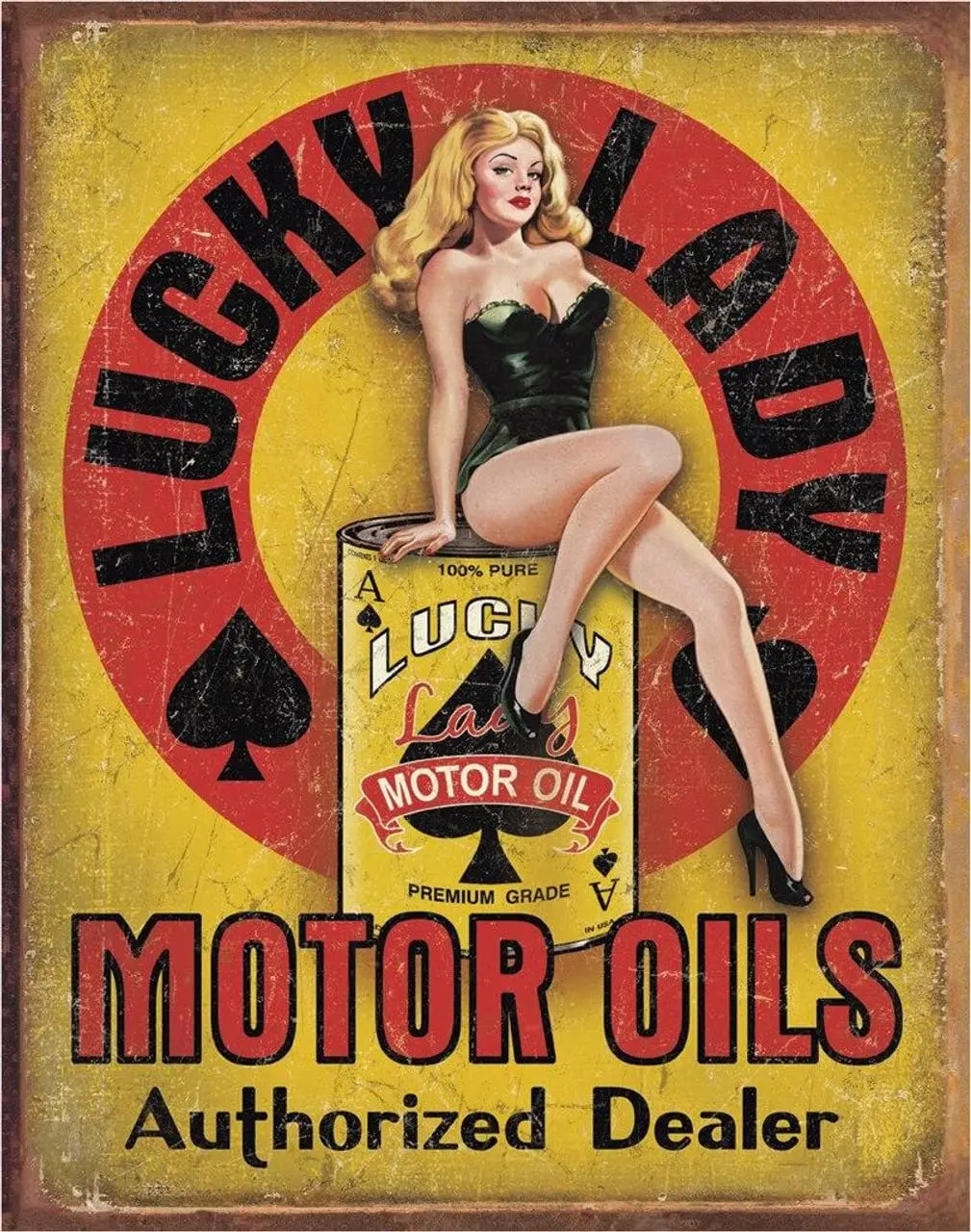 Desperate Enterprises Lucky Lady Motor Oil Tin Sign - Nostalgic Vintage Metal Wall Decor - Made in USA sign sign sign
