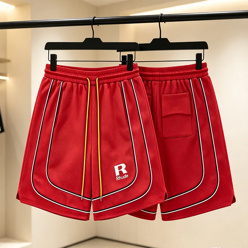 2026 New Arrival RHUDE Men Loose Mesh Shorts R Logo Contrast Piping Drawstring Split Hem Street Basketball Shorts