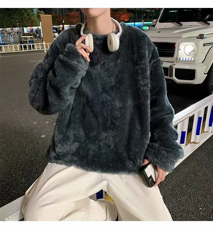 Grey Plush Man Sweatshirts Korean Style Oversized Solid Color O Neck Warm Winter Men\'s Clothes Loose Streetwear Hoodies for Men