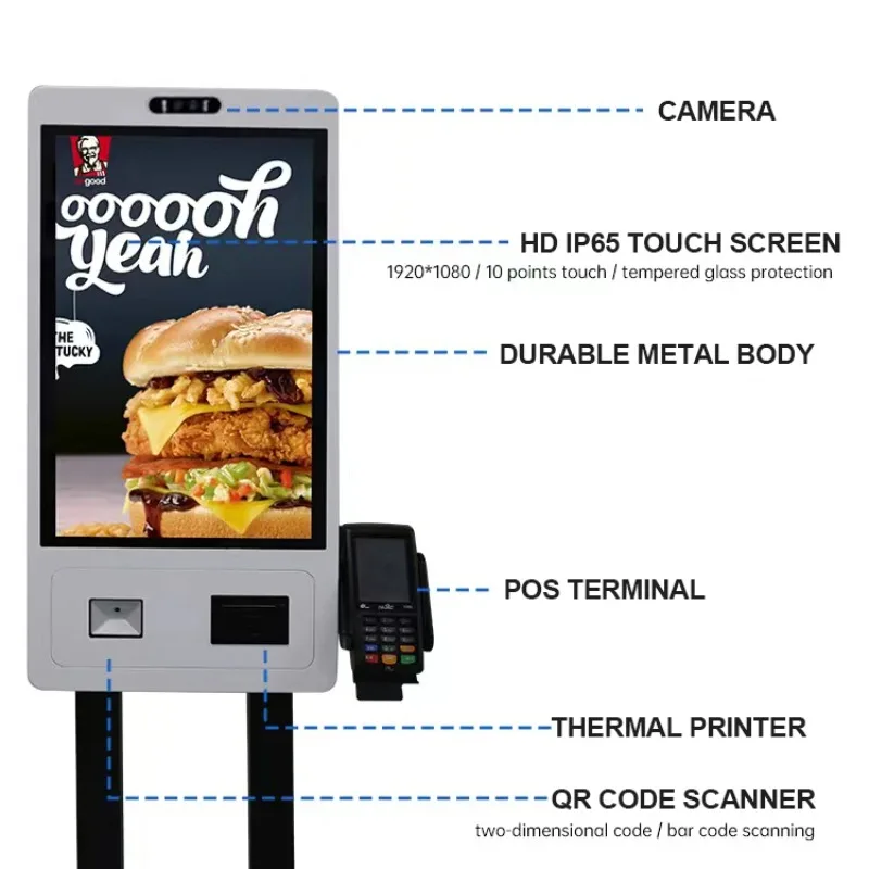 15.6'' 21.5'' 23.8'' 27'' 32'' Restaurant Ordering Kiosk Self Kiosk Machine Touch Screen With Printer
