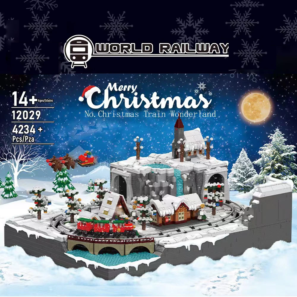 MOC รถไฟคริสต์มาส Wonderland House Building Blocks ชุดมอเตอร์สวนสนุกฤดูหนาว Snowman Tree อิฐของเล่นเด็ก Xmas ของขวัญ