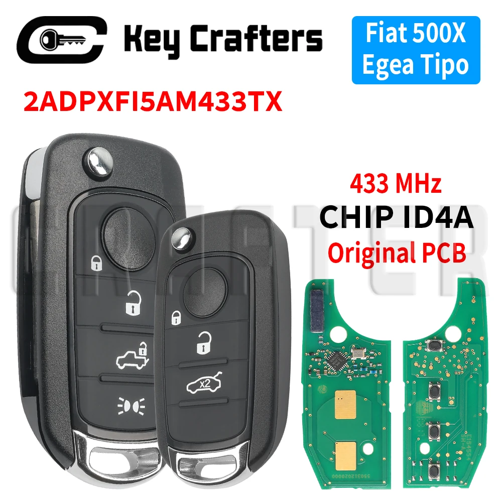 

Выкидной ключ-пульт Key Crafters для автомобилей Fiat 500X, Egea, Tipo, Toro, Crono 2016-2018, чип 4A, 433 МГц, оригинальная плата PCB 2ADPXFI5AM433TX