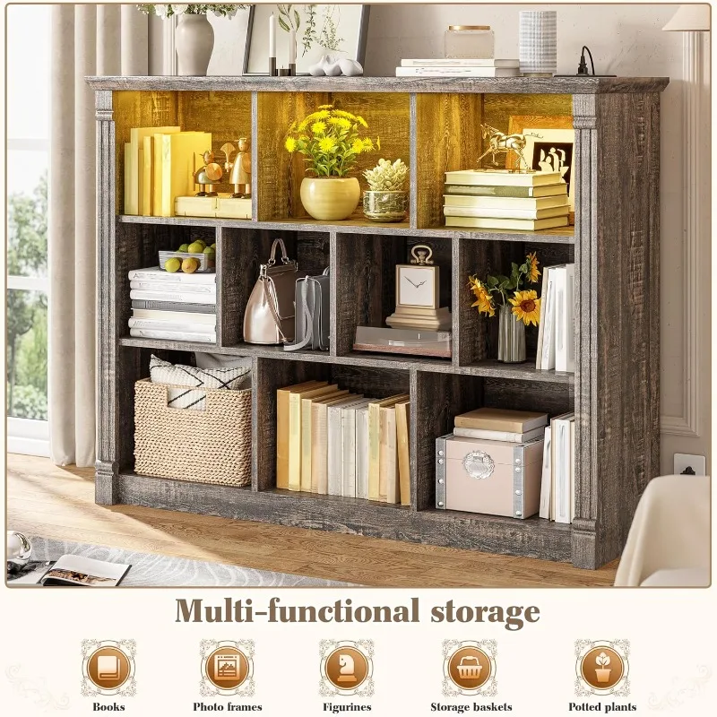 LED 조명과 충전 스테이션이 있는 10개의 큐브 수납 정리함, 침실 거실용 나무 큐브 선반 디스플레이 캐비닛