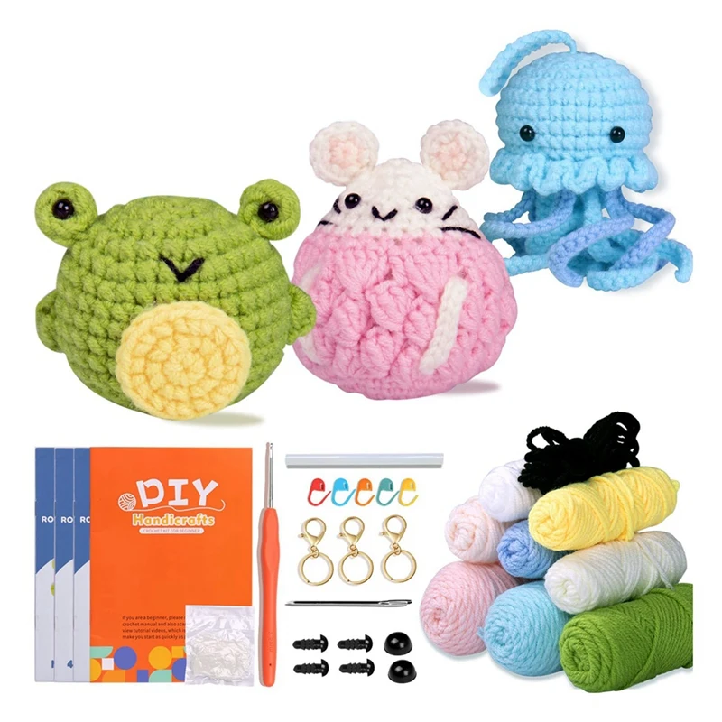 Kit animal de crochê para iniciantes, Conjunto de 3 Kits de crochê, Vídeo passo-a-passo, Kit de crochê iniciante para crianças e adultos