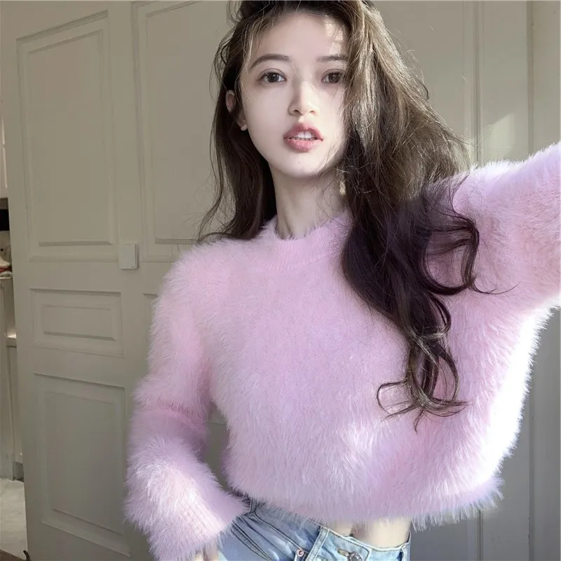 Suéter de Punto de Manga Corta y Larga con Cuello Redondo para Mujer, Otoño Invierno, Cálido, Imitación de Visón, Estilo Mode...