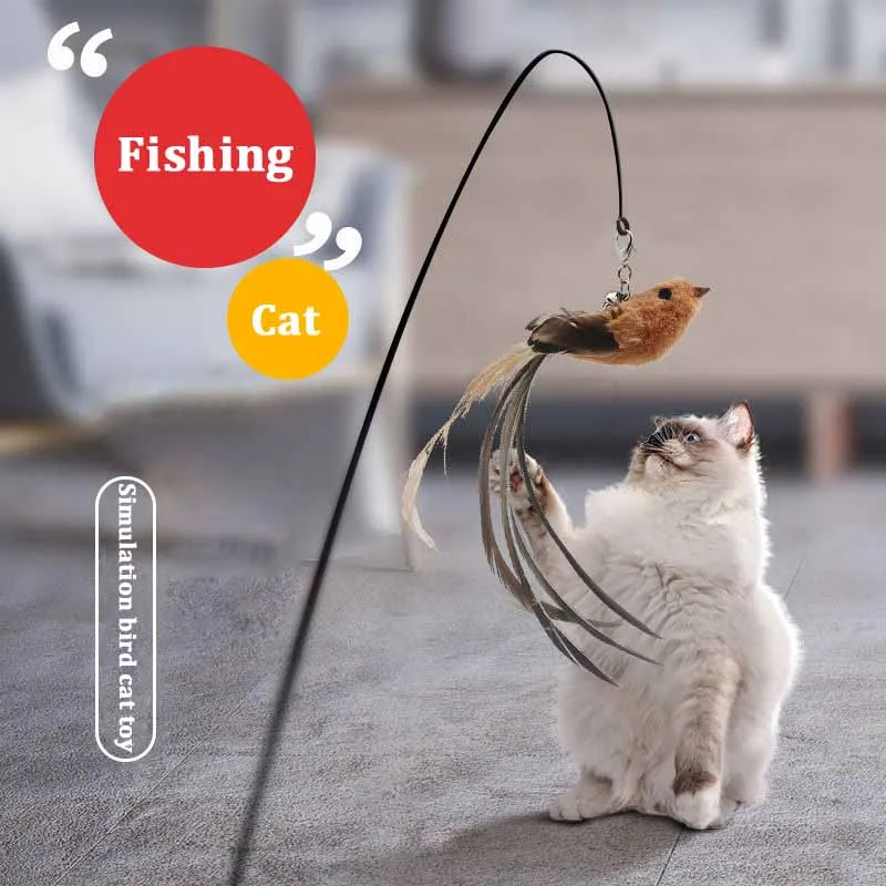 Furry Feather Bird Cat Toy Simulation Bird With Bell Sucker Cat Stick Toy Kitten Interactive ChasingTeaser Wand Toy Cat Supplies