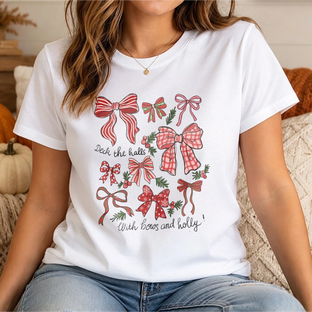 Christmas Shirt Trendy Deck The Halls Short Sleeve Tee Cozy Holiday Shirt for Mom Cute Gift Bows and Holly Vintage Holiday Shirt