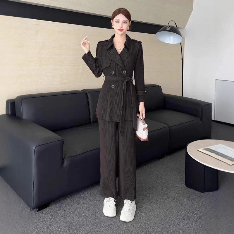 Miyake conjunto de calças plissadas 2025 outono novo terno plissado de renda terno feminino trespassado terno colarinho simples conjunto completo de 2 peças